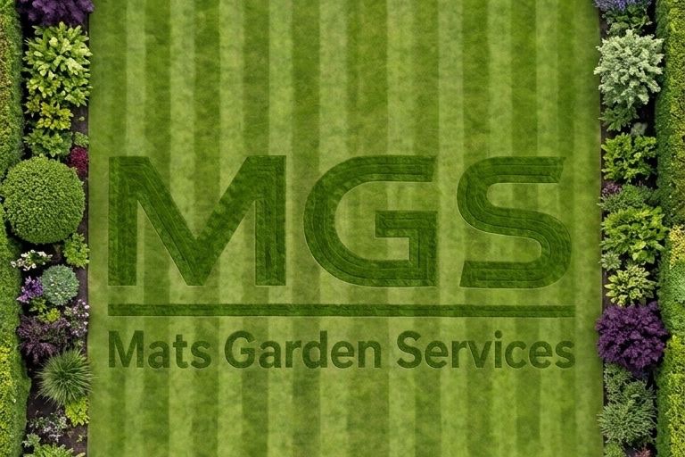 A striped lawn with the MGS Mats Garden Services logo mowed into the grass, bordered by trimmed hedges and flower beds